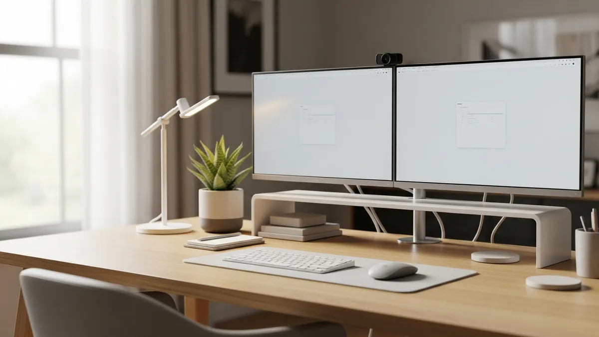 Modern home office desk setup ideas with dual monitors, wooden desk, and organized accessories in 2026