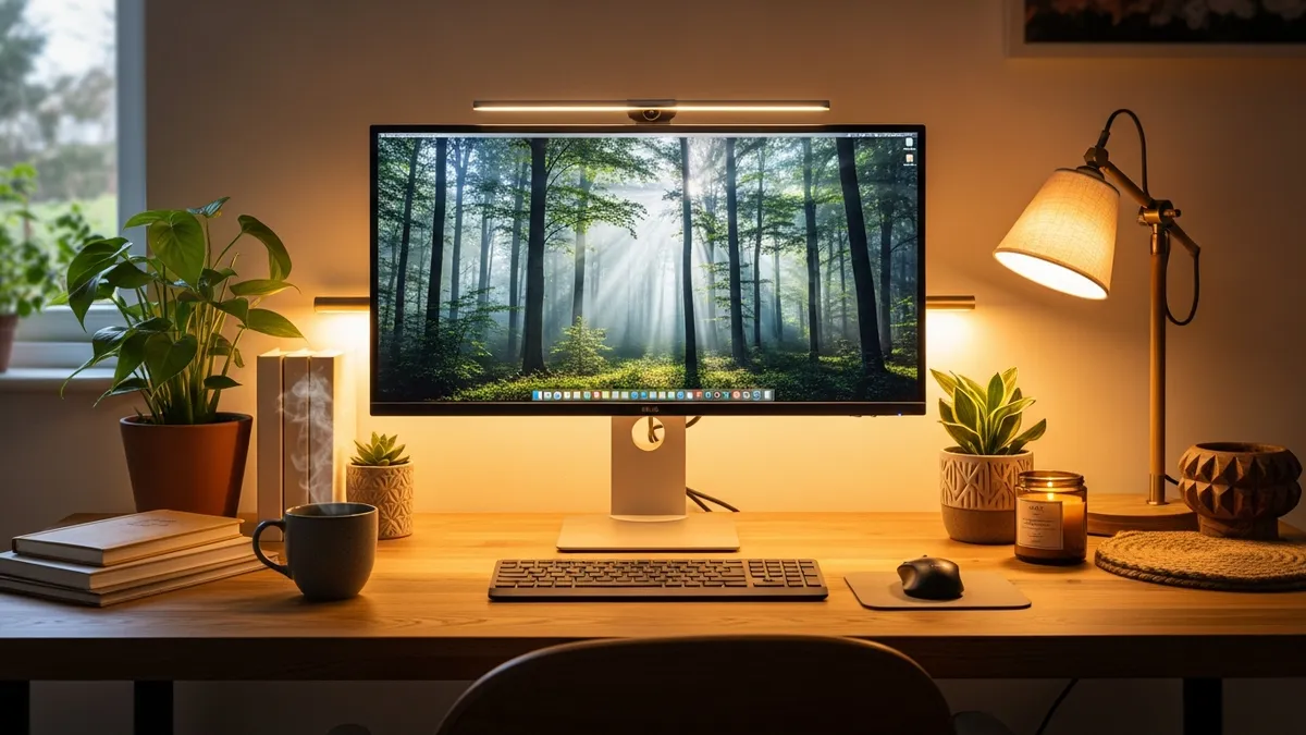 Aesthetic office desk setup ideas with warm LED lighting, plants, wooden desk, and cozy decor