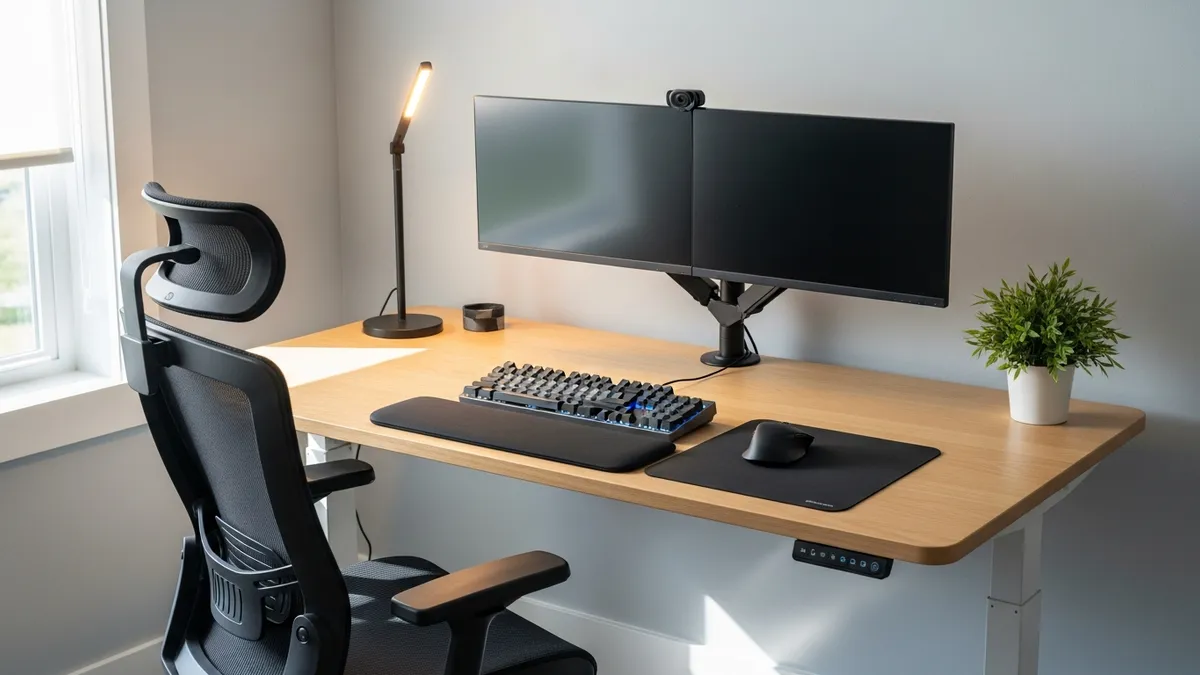 Ergonomic office desk setup with standing desk, monitor arm, and ergonomic chair for better posture