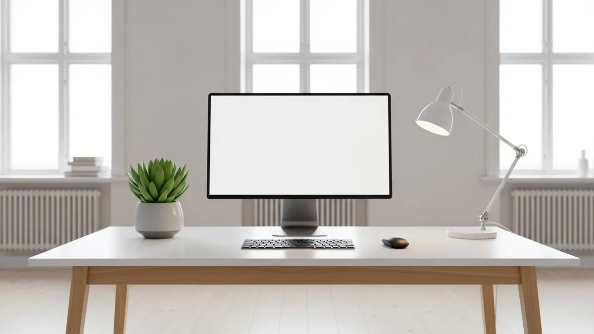 Minimalist office desk setup ideas with white desk, single monitor, and clean desk surface