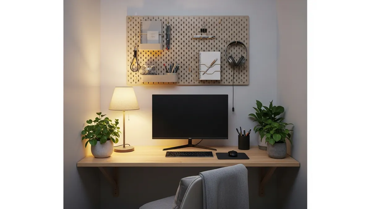 Small space office desk setup ideas with floating desk and pegboard wall organizer for compact rooms