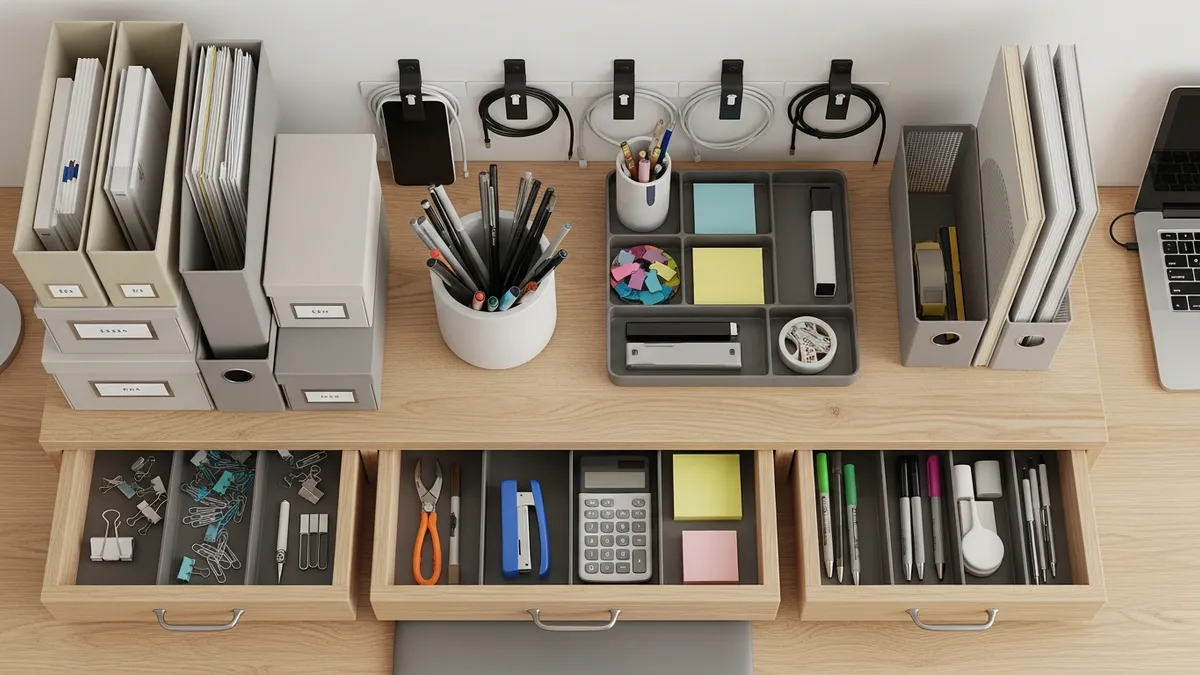 Office desk storage and organization ideas with drawer organizers, desk trays, and cable management