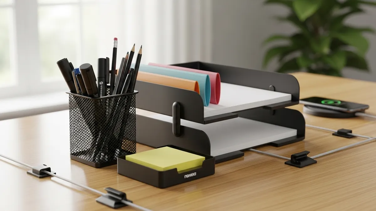 Desk organizer set with pen holder paper tray and cable clips for office organization