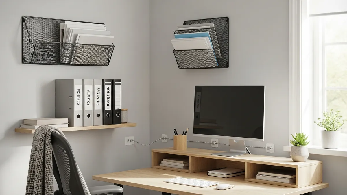 Wall-mounted file organizer and monitor riser as office organization supplies for home office