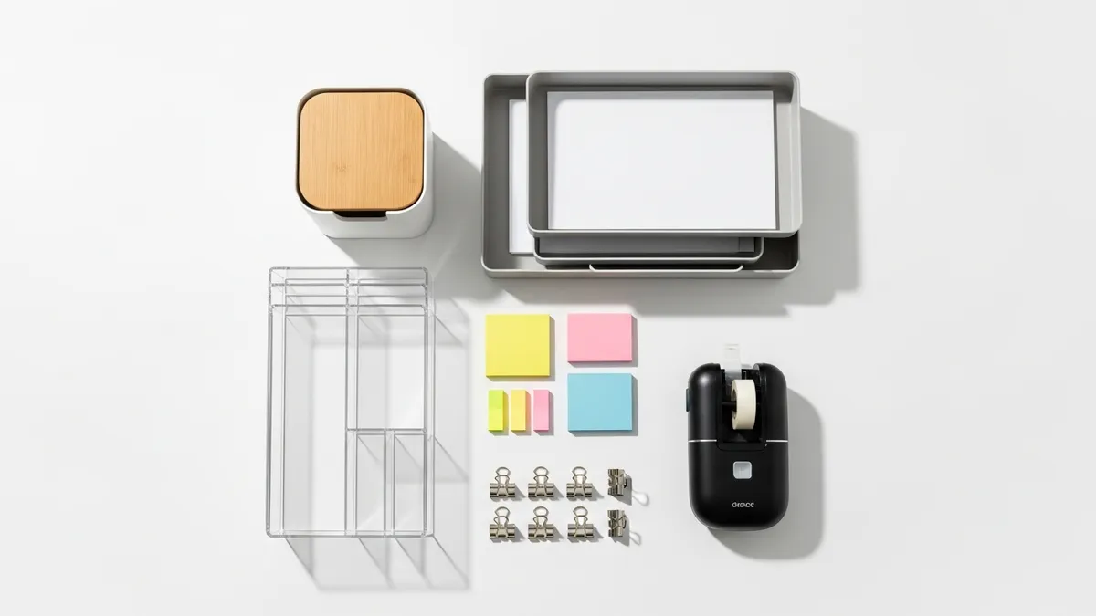 Flat lay of essential office organization supplies including drawer dividers label maker and document trays