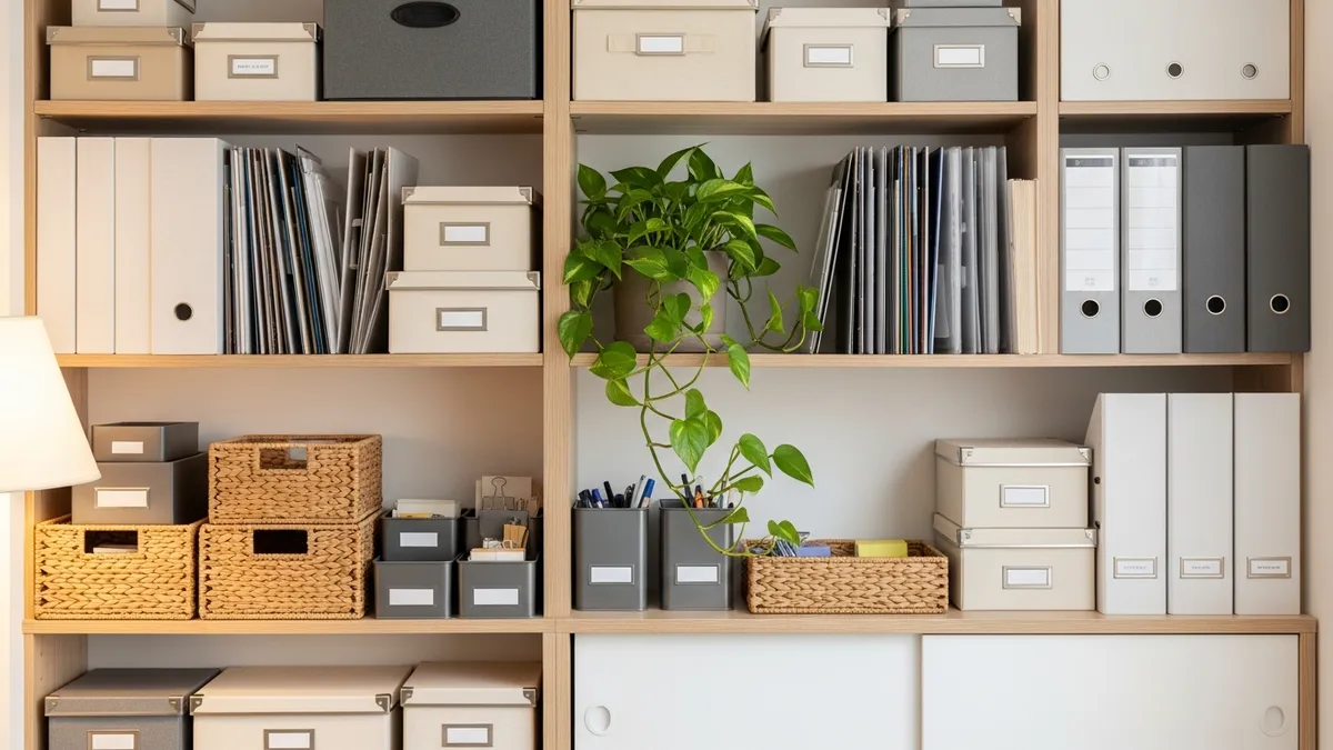 Home office shelving unit with labeled storage boxes and organizer bins for workspace organization