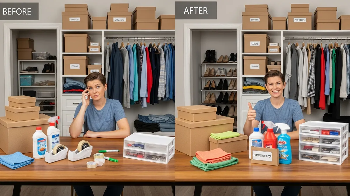 DIY home organization and cleaning setup with storage containers and supplies