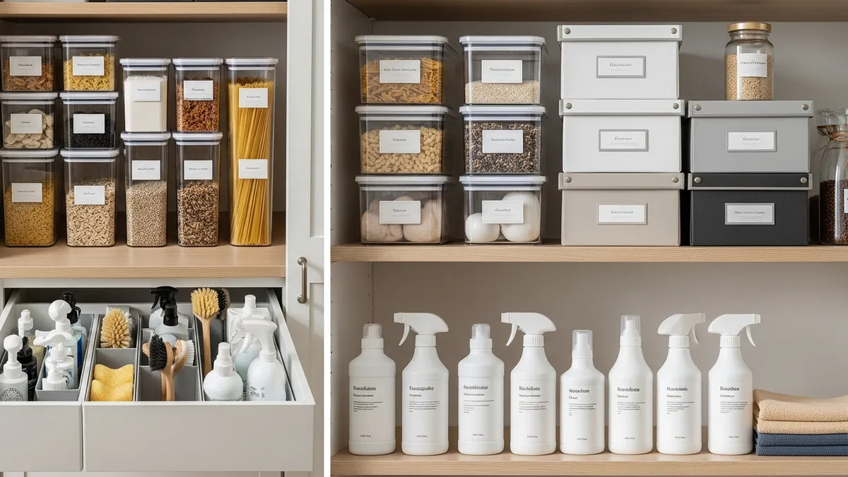 Modern home organization and cleaning storage solutions with containers and organizers