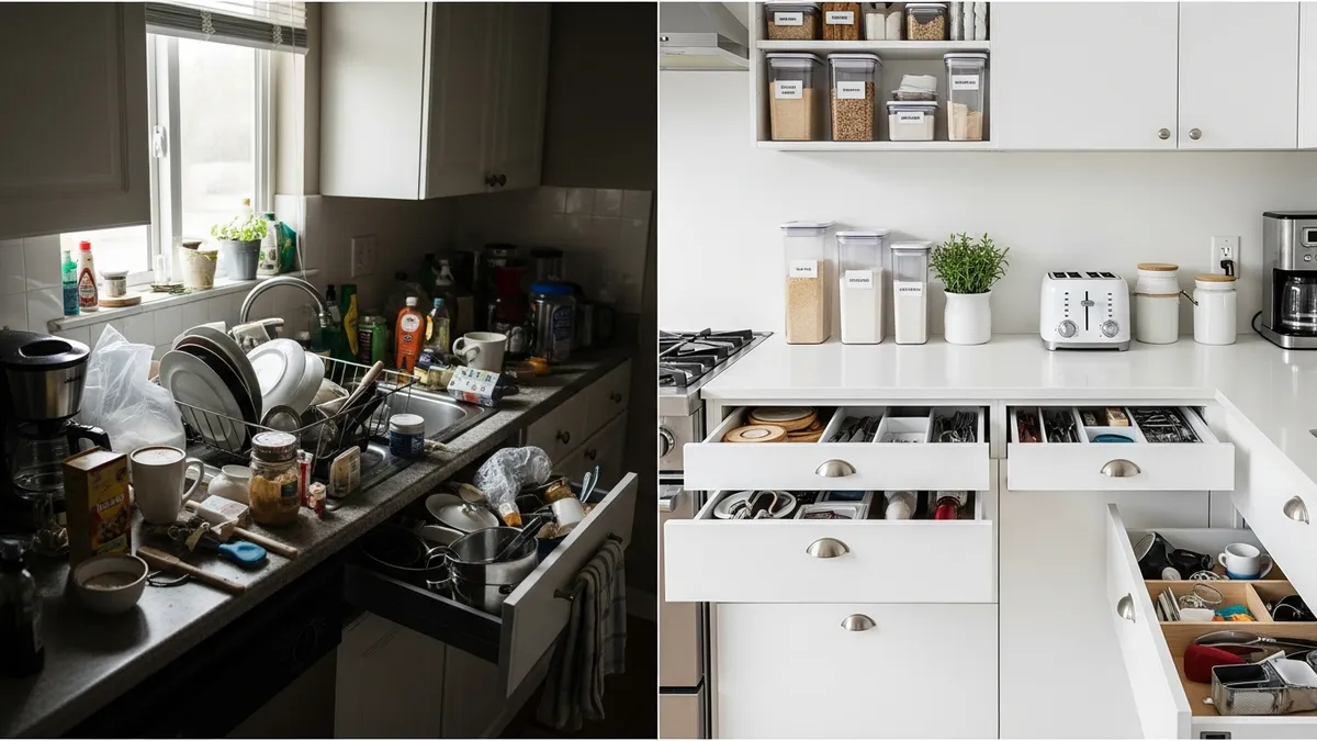 Before and after kitchen organization showing benefits of professional organization cleaning services