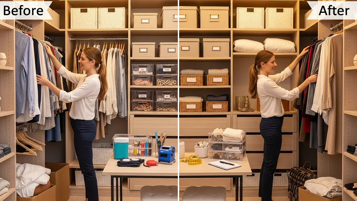 Organization cleaning services professional organizing bedroom closet with storage containers and organizing systems