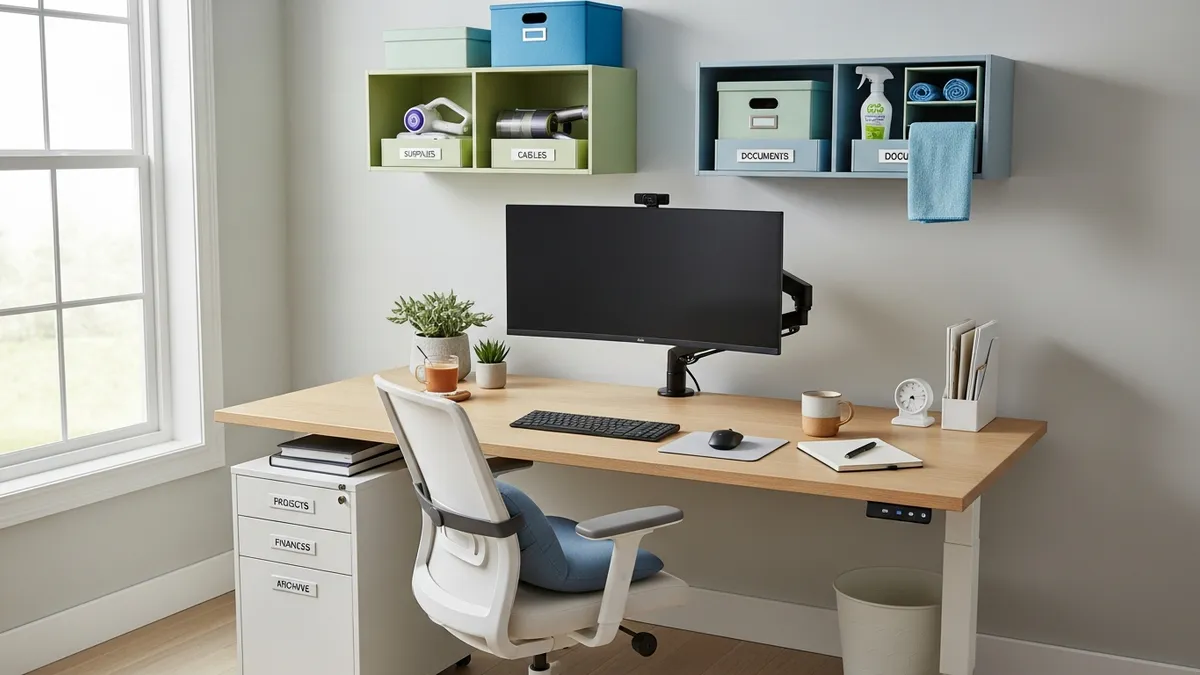 Organized home office showing results of organization cleaning services with storage solutions and clean workspace