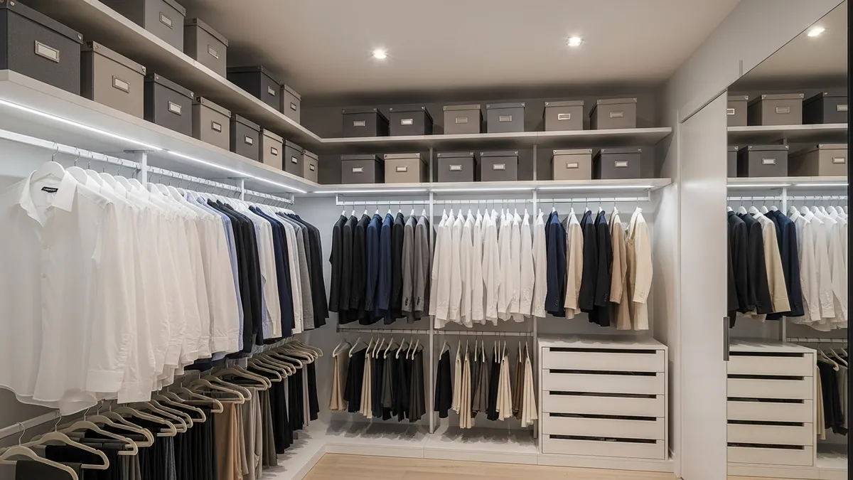 Modern organized closet with shelving and color-coordinated clothing organization ideas