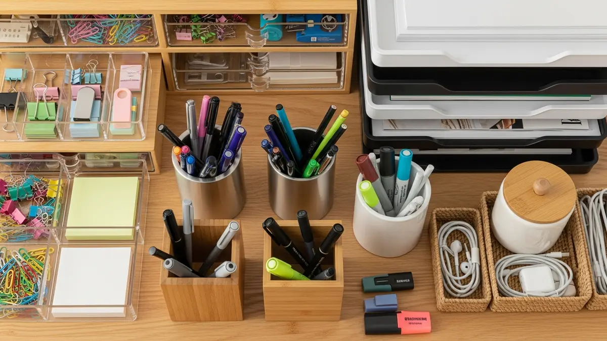 Desk organization system with storage containers and office organizers for home office