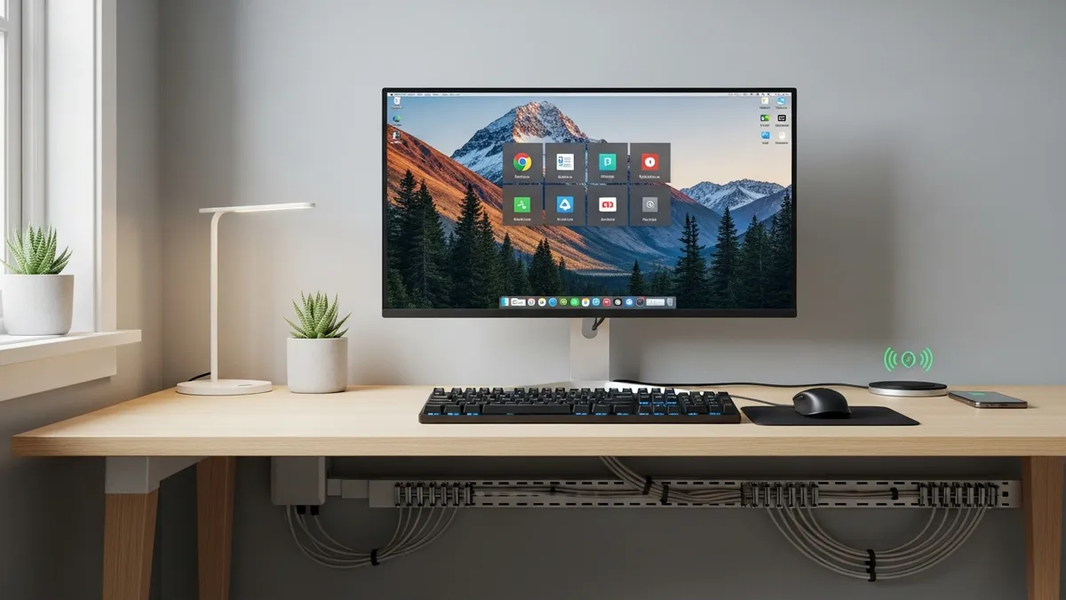 Digital organization setup for home office with cable management and tech organization