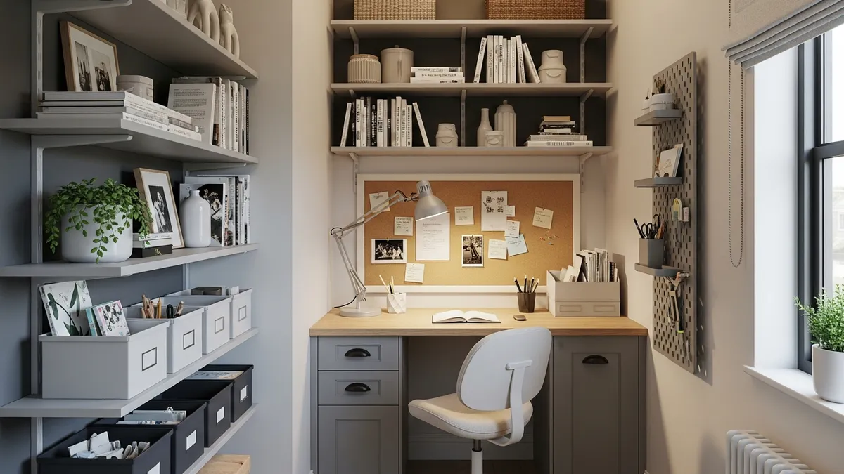 Small home office organization ideas with vertical storage and space-saving solutions