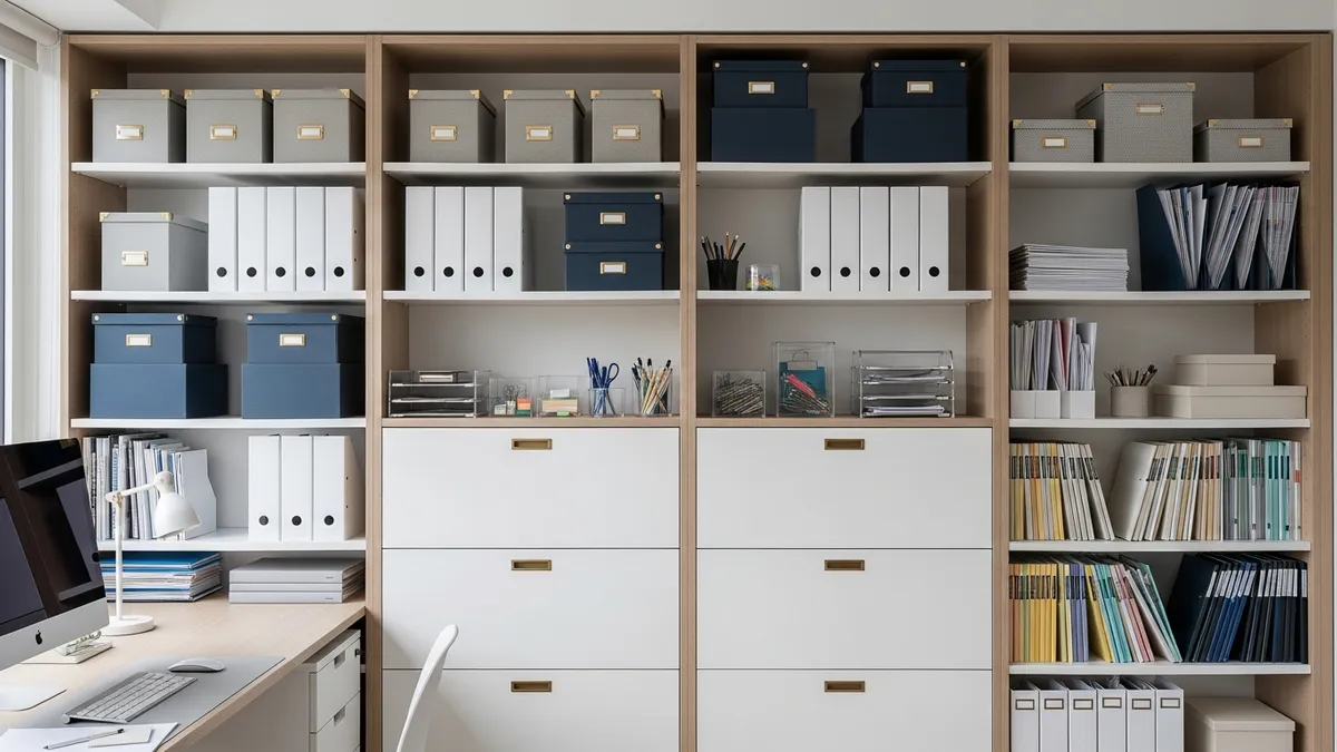 Home office storage solutions with shelving and containers for organization