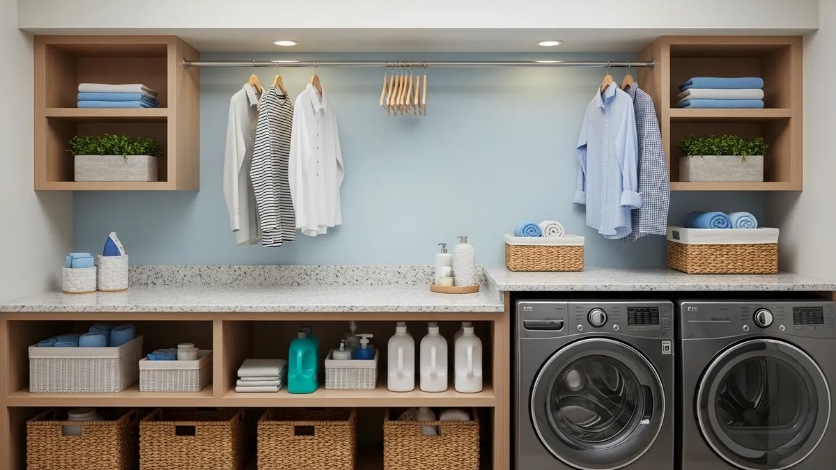 Functional laundry room folding station with counter and storage organization