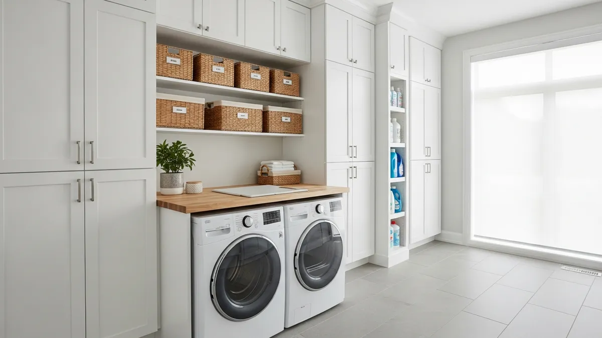 Organized laundry room with smart storage solutions and efficient layout