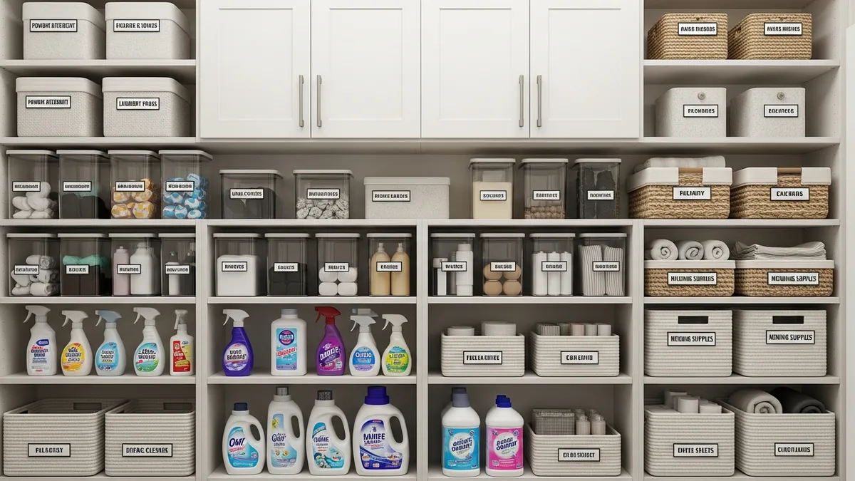 Laundry room storage solutions with labeled containers and organized supplies