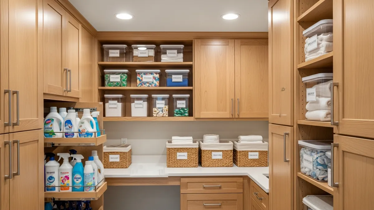 Small laundry room cabinet organization with storage containers and labeled systems