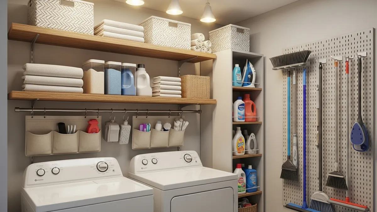 Small laundry room organization with vertical storage solutions and wall-mounted shelves
