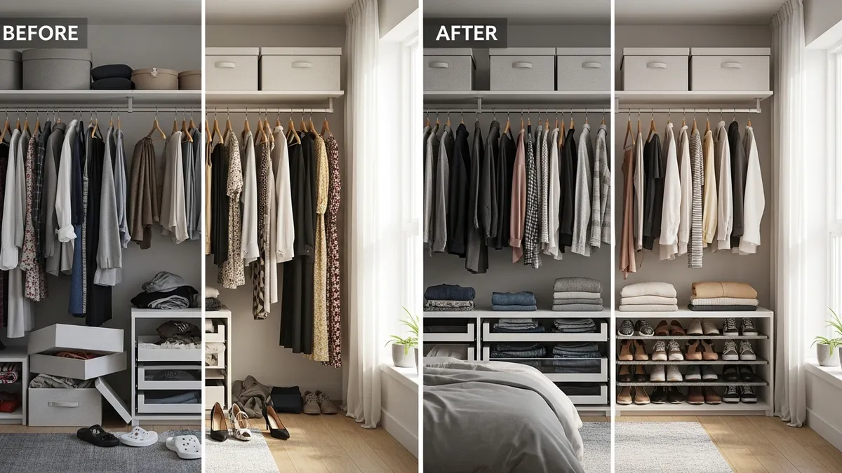 Organized closet with hanging clothes, shelves, and storage solutions showing transformation results