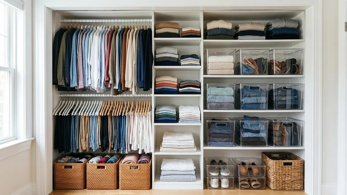Small reach-in closet with double hanging rods, white shelving, wicker baskets, and clear stackable storage bins neatly organized