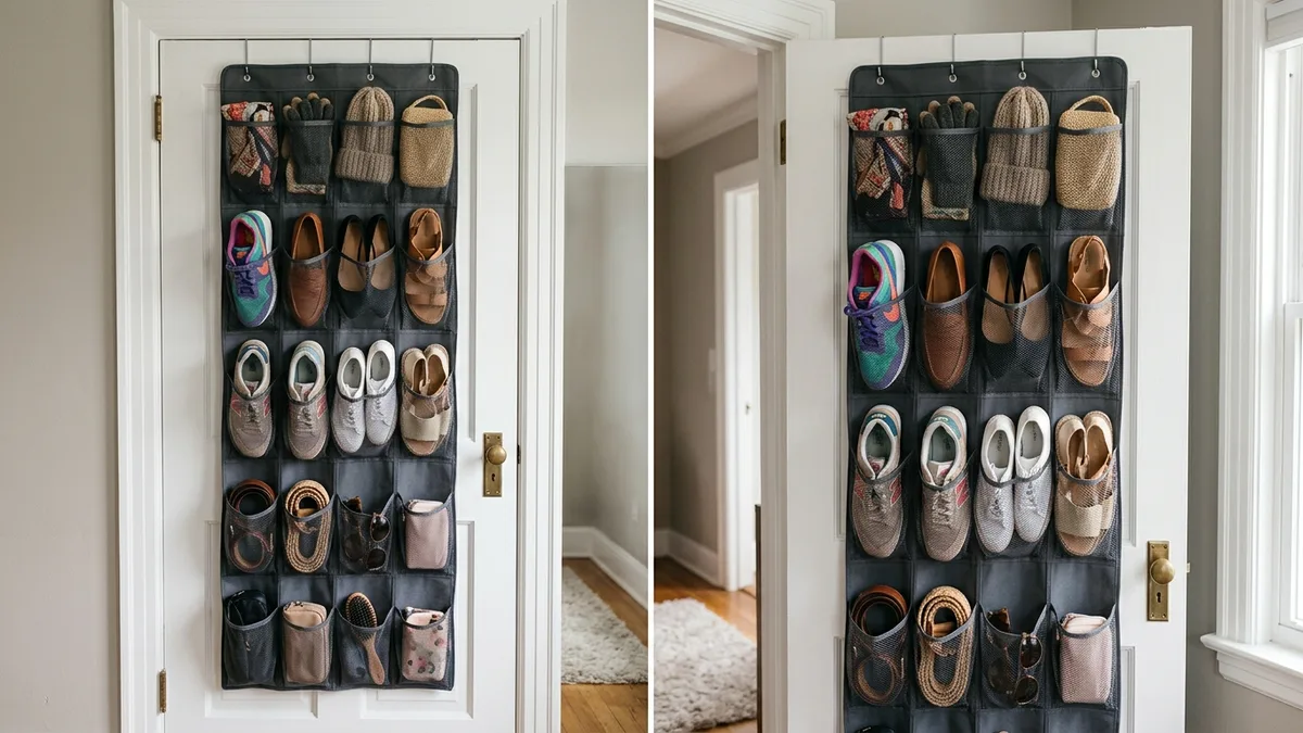 Over-the-door closet organizer with pockets holding shoes, accessories, and small folded clothing items