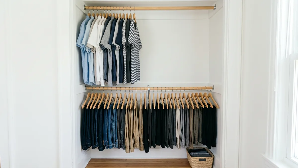 Double hanging rod system inside a small closet with neatly hung shirts and pants on wooden hangers