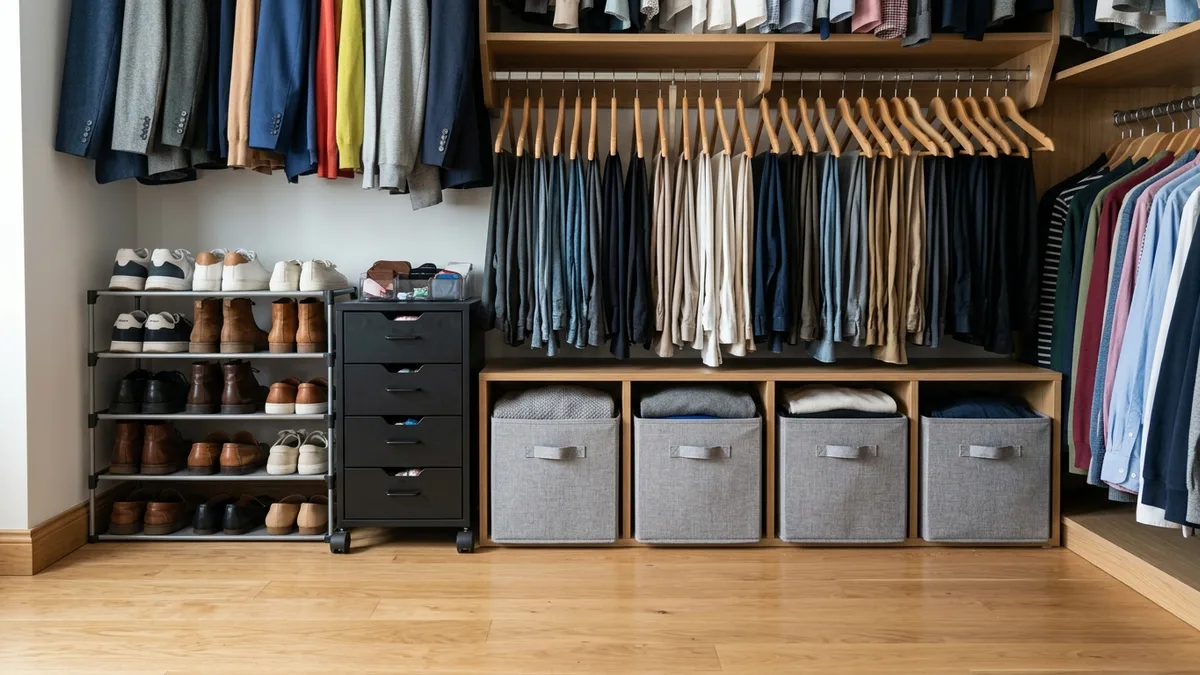 Organized closet floor space with stackable shoe racks, a rolling drawer cart, and fabric cube storage bins