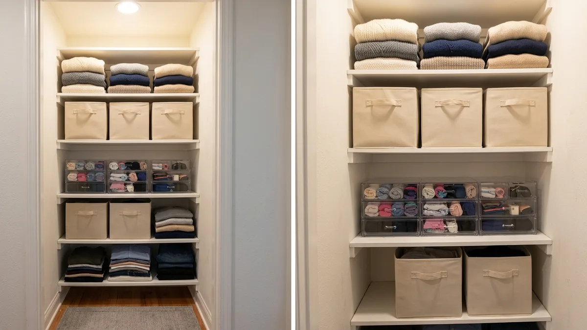 White modular closet shelving with folded sweaters, labeled fabric bins, and clear acrylic organizer drawers