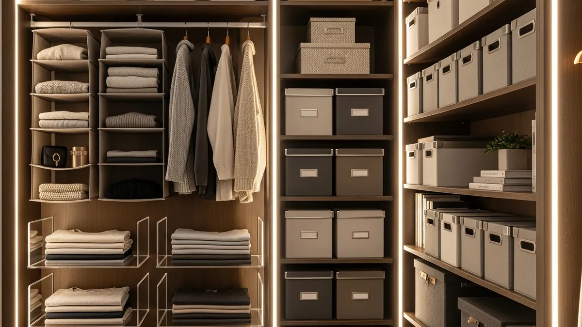 Small closet organization ideas showing maximized storage with hanging organizers and shelf dividers