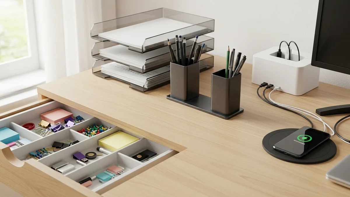 Home office desk organization ideas with drawer organizers and storage containers