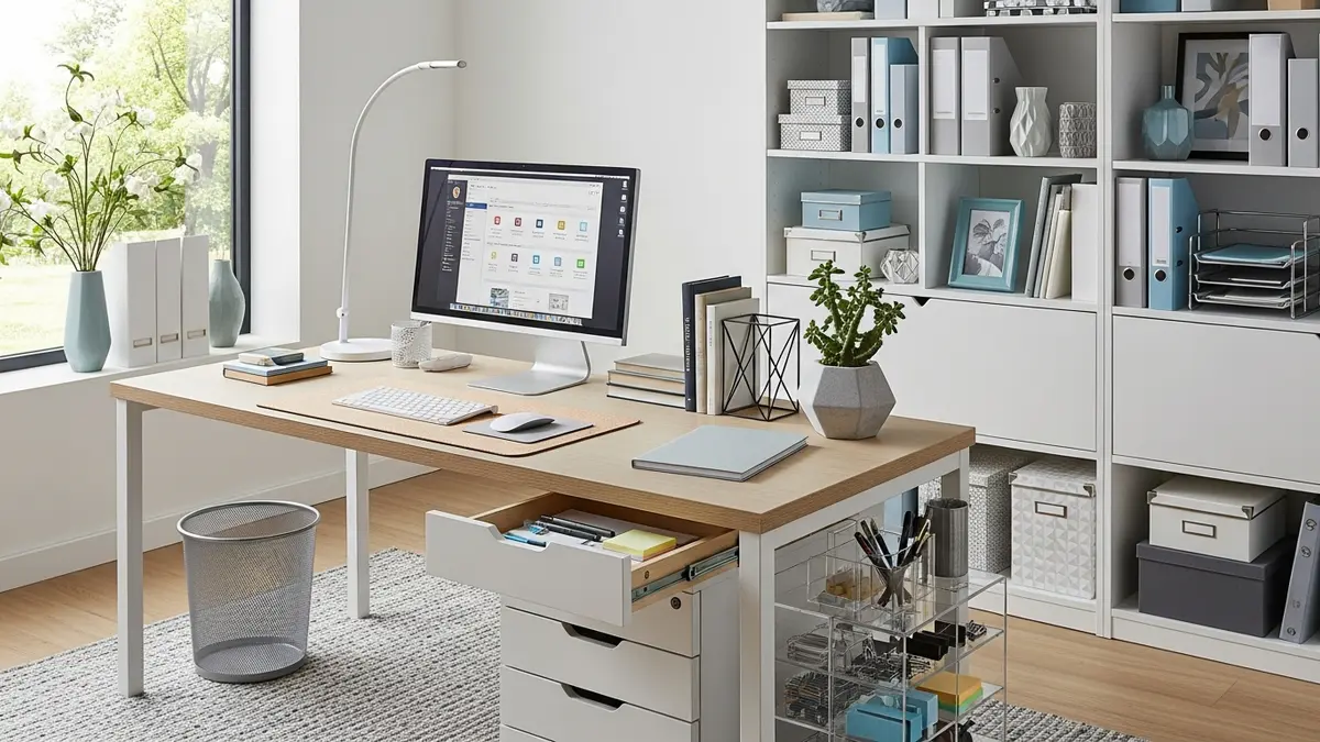 Organized home office workspace with desk organizers and storage solutions
