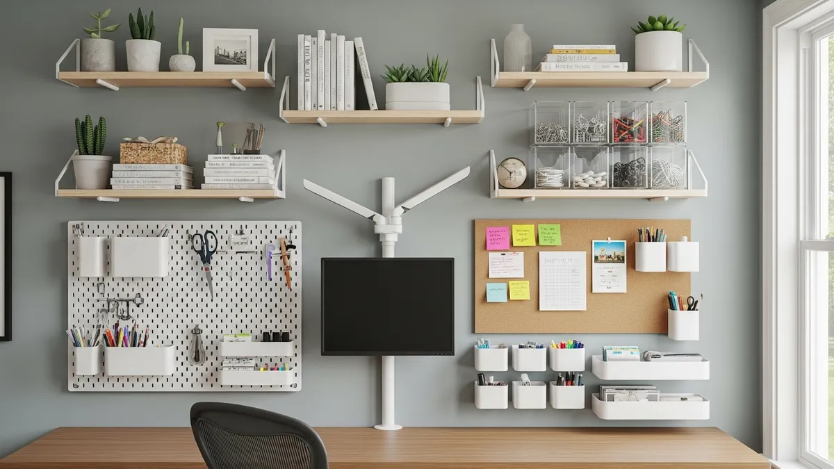 Wall organization ideas for home office with shelving and storage systems