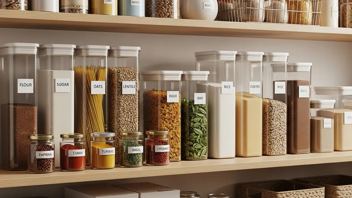 Clear storage containers with labels organizing pantry items for maximum visibility and freshness