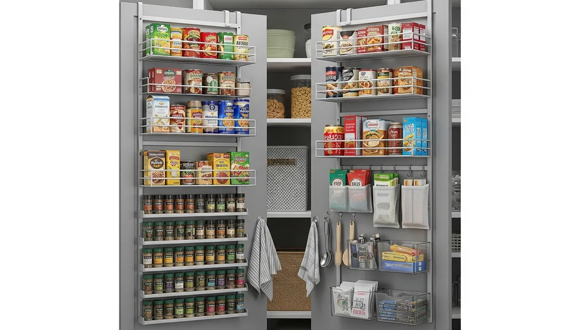 Pantry door organization system with vertical storage solutions and hanging organizers