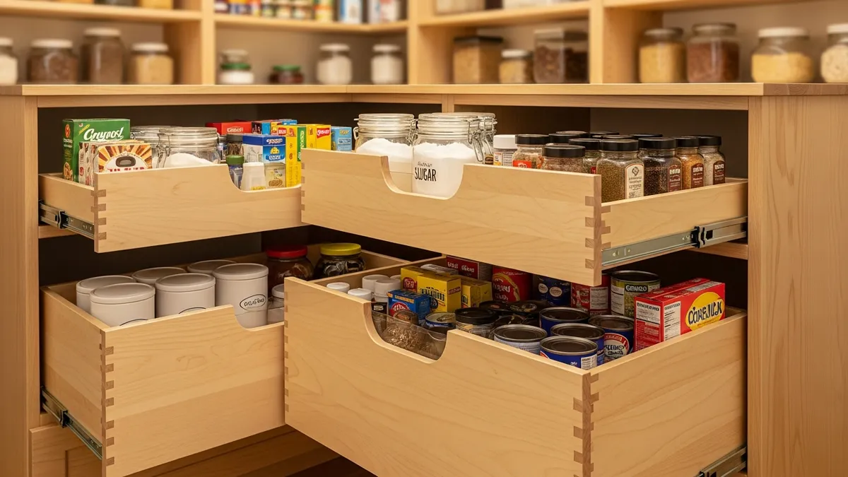 Pull-out pantry drawers and sliding shelves providing easy access to stored items
