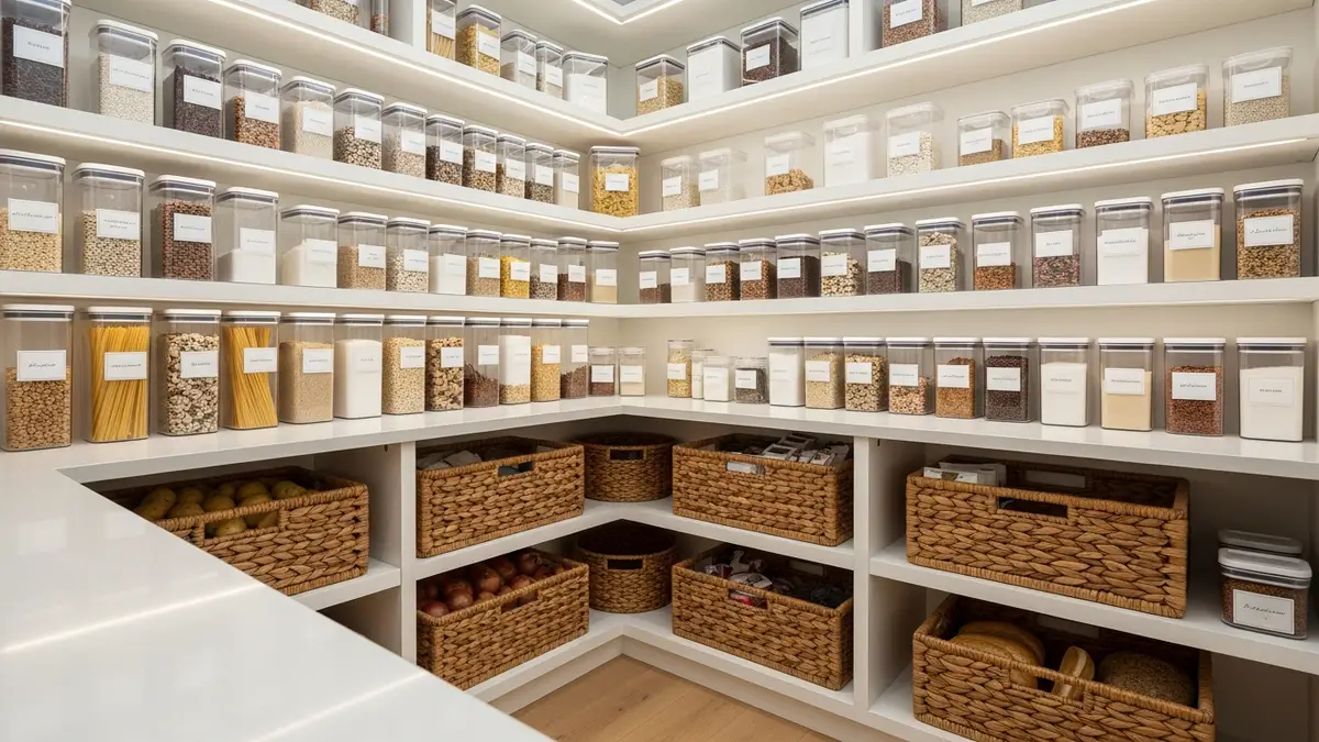 Well-organized pantry with creative organization ideas for pantry storage solutions including clear containers and labeled shelves