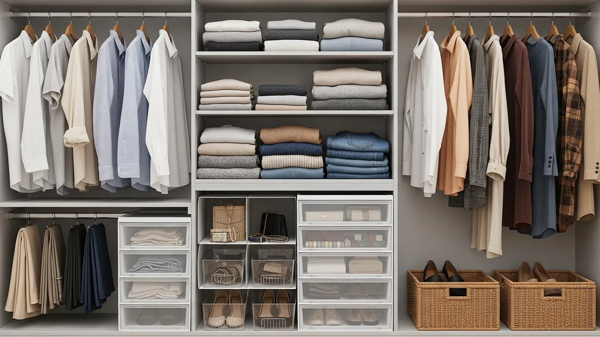 Vertical storage solutions for small closet organization with multiple hanging levels
