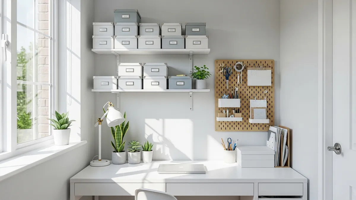 Organized small home office with floating shelves, labeled storage boxes, and a clutter-free white desk