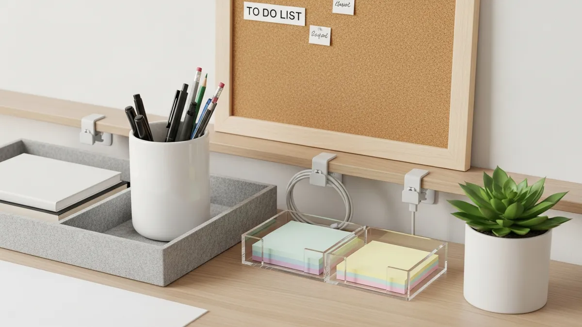 Small home office desk organizer with pen holder, cable clips, and tidy workspace accessories