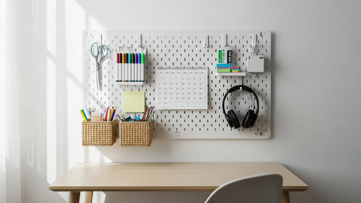 Wall-mounted pegboard organization system above small home office desk with hooks and baskets