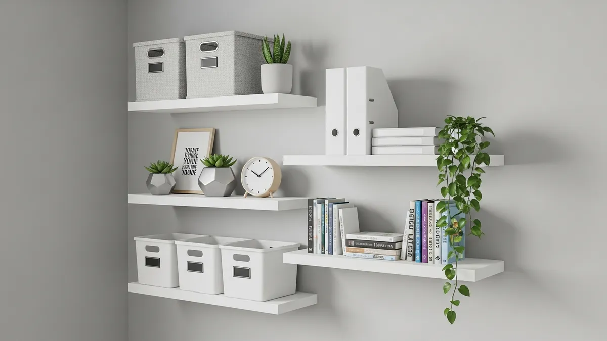 Floating wall shelves in small home office with labeled storage bins and decorative plants