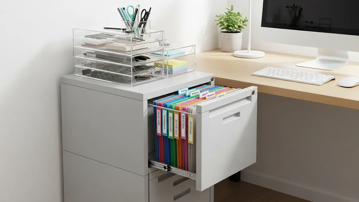 Compact filing cabinet and under-desk storage drawer unit for small home office organization
