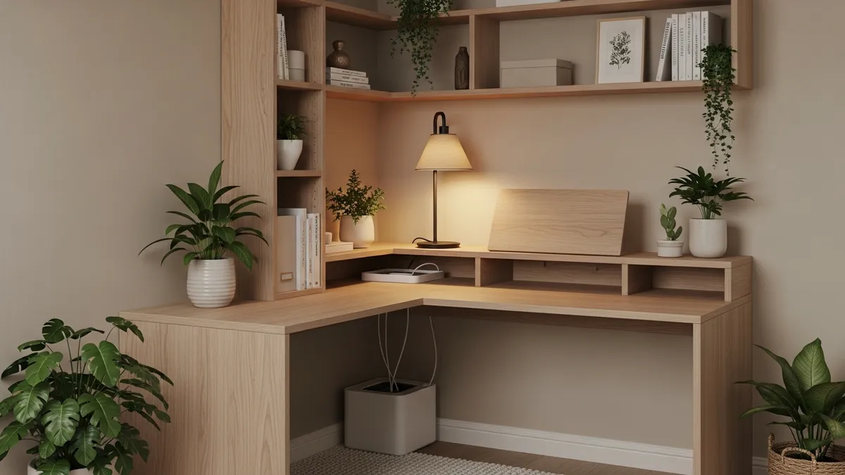 Corner small home office with L-shaped desk, vertical bookshelf, and cable management setup
