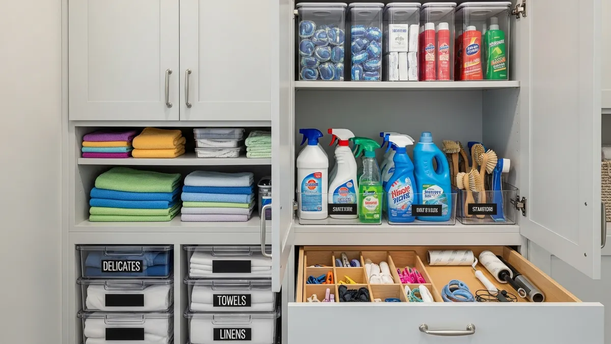 Small laundry room cabinet organization ideas with clear containers and labeled storage solutions