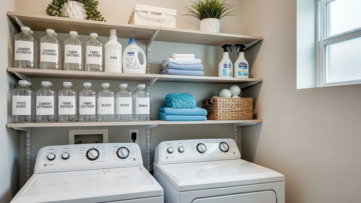 Over washer and dryer storage organization ideas for small laundry rooms