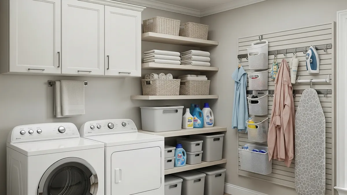 Vertical storage solutions for small laundry room organization with wall-mounted shelves and organizers
