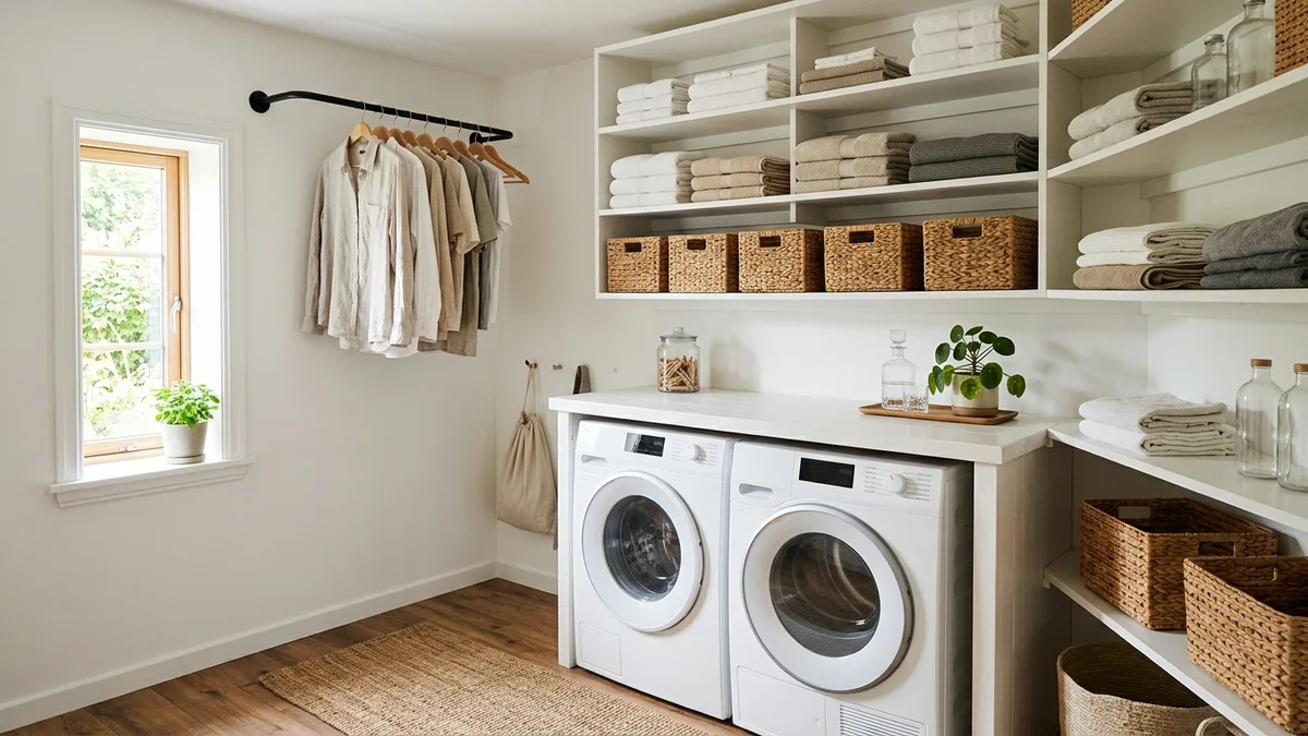 Bright and organized laundry room with open white shelving, labeled baskets, and a wooden countertop above a front-load washer and dryer